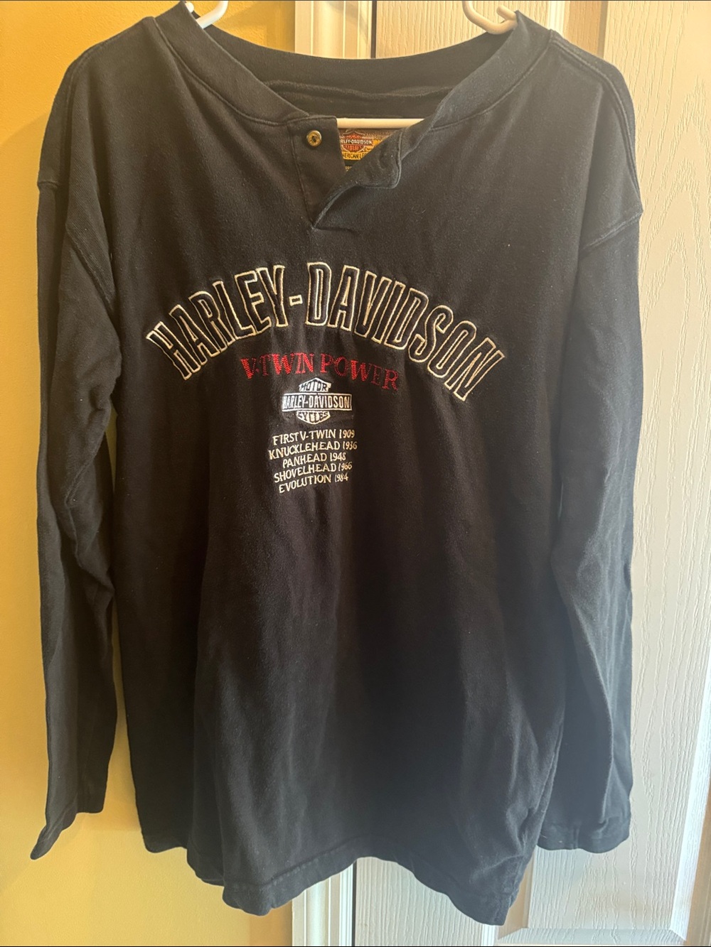 Harley-Davidson Black Long Sleeve Henley with Red V-Twin Accent